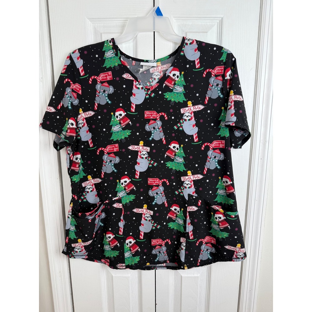 Scrubstar Christmas Sloth Koala Panda Scrub Top‎ Large Black Holiday V-Neck L/G